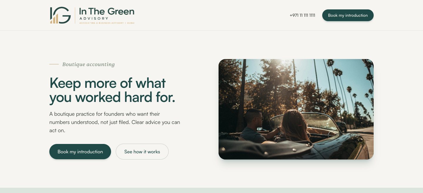 In The Green Advisory — a sample website built by Vinvely